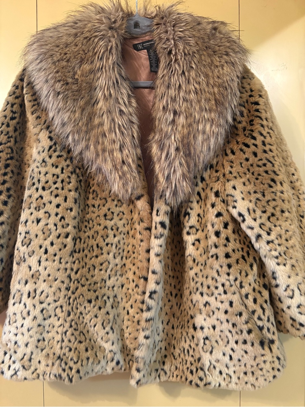 INC International Concepts Leopard-Print Faux Fur Pea Coat in Tan and Black